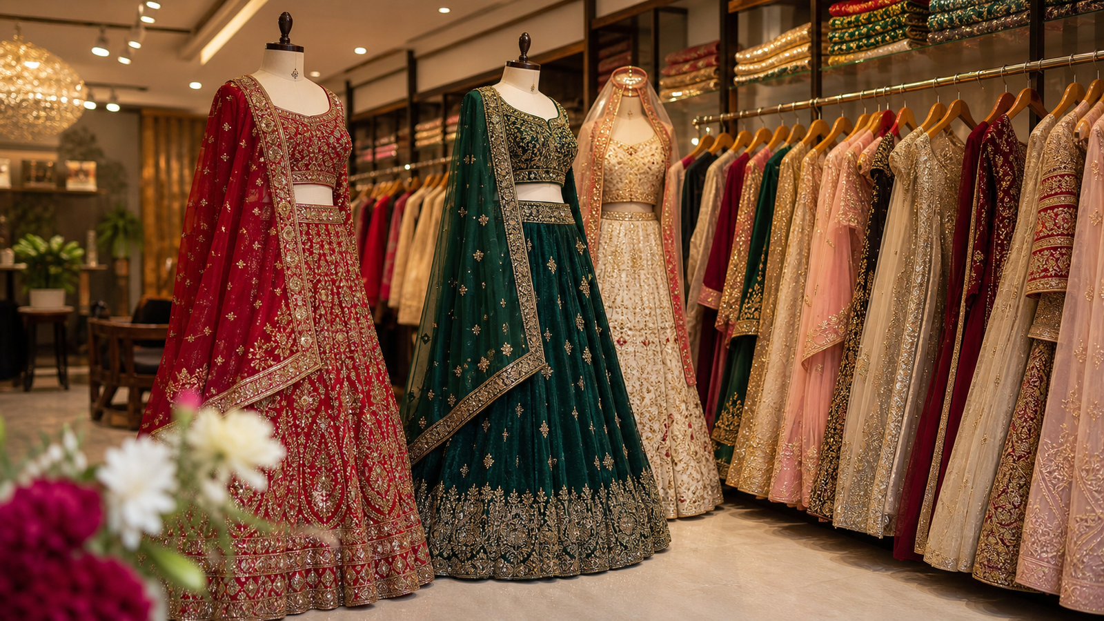 Elegant bridal and festive rental outfits displayed in a boutique